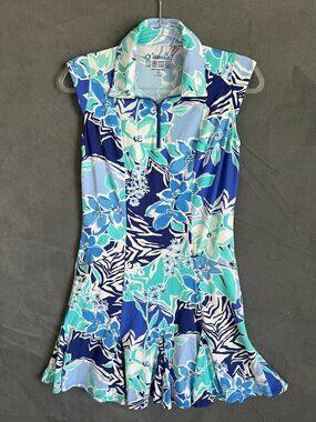 IBKUL Amelia Sleeveless Polo Golf Dress in the Navy/Seafoam Zebra XS